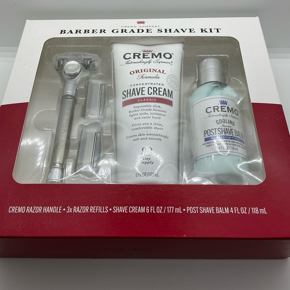 Men’s CREMO Classic Barber Grade Shaving Kit w/Razor +3 Blades, Cream,  Balm